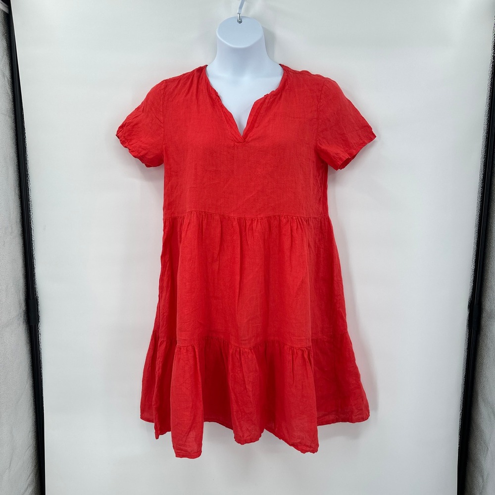 Linen Tiered‎ Dress Womens Medium Red Short Sleeve Summer Casual Coastal Italy *